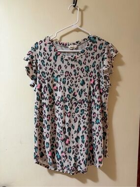 Leopard Print Ruffle Sleeve Women's Top - Pink & Teal
